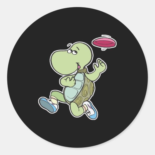 カメがフリスビーで遊んでいる ラウンドシール (正面)