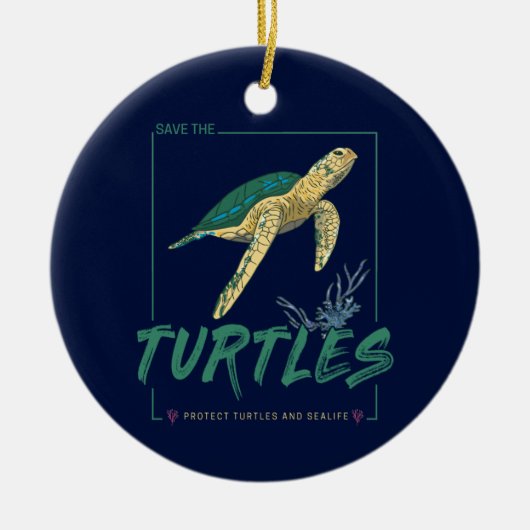 カメが大好きな女の子の為に Save the Turtles セラミックオーナメント (正面)