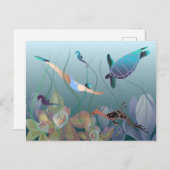 カメで水中を泳ぐ女性 ポストカード (正面/裏面)