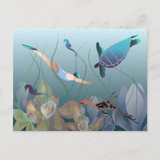 カメで水中を泳ぐ女性 ポストカード (正面)