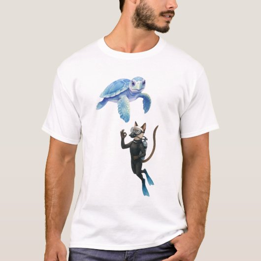 カメとネコのスクーバダイバー Tシャツ (正面)