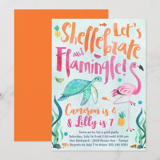 カメとフラミンゴの誕生日パーティー招待状 招待状 (正面/裏面)