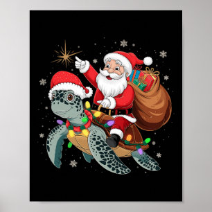カメのクリスマス サンタが海ガメに乗ってるよ Xmas ポスター