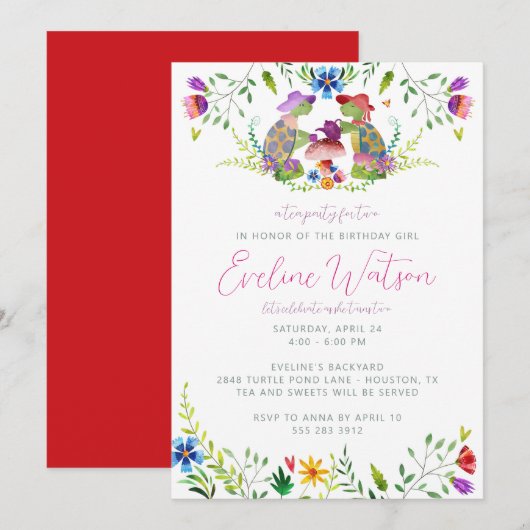 カメのティーパーティー誕生日招待状 招待状 (正面/裏面)