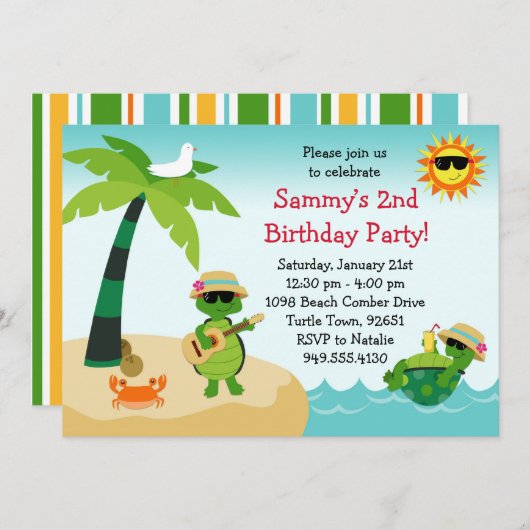 カメのビーチの誕生日のパーティの招待状 招待状 (正面/裏面)