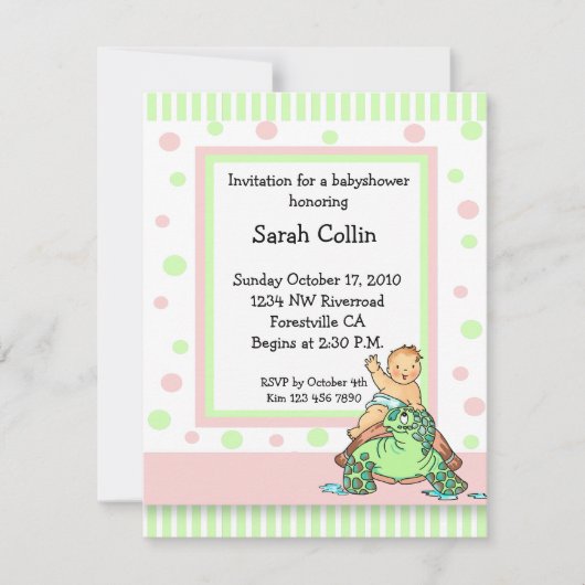 カメのベビーシャワーのピンクの女の子の招待状 招待状 (正面)