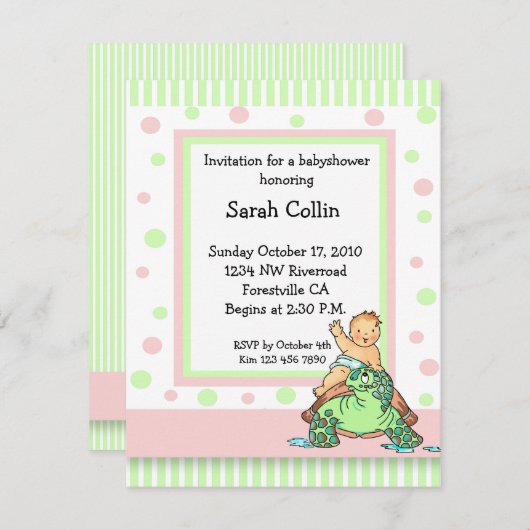 カメのベビーシャワーのピンクの女の子の招待状 招待状 (正面/裏面)