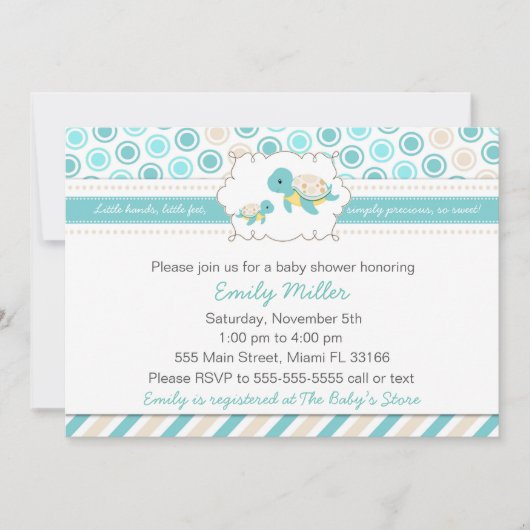 カメのベビーシャワーの招待状のユニセックスなティール（緑がかった色） 招待状 (正面)