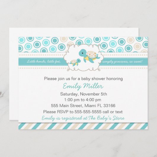 カメのベビーシャワーの招待状のユニセックスなティール(緑がかった色) 招待状 (正面/裏面)