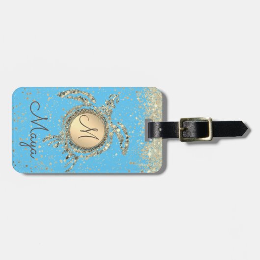 カメのモノグラムが青い荷物タグに星をつける ラゲッジタグ (正面横)