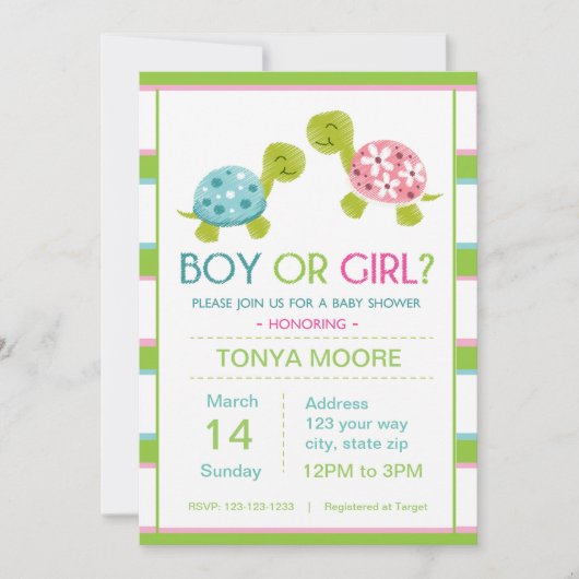 カメの性はベビーシャワーInivtationを明らかにします 招待状 (正面)