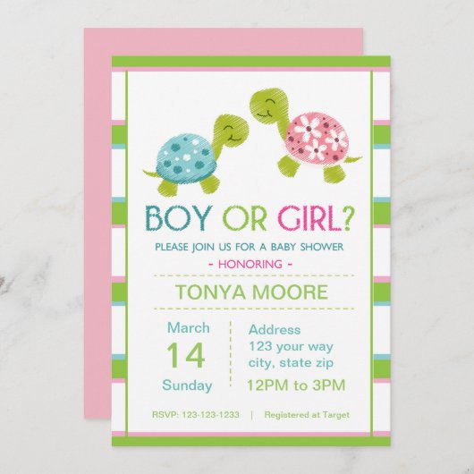 カメの性はベビーシャワーInivtationを明らかにします 招待状 (正面/裏面)