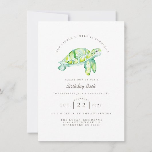 カメの水彩 |海ライフ誕生日 招待状 (正面)