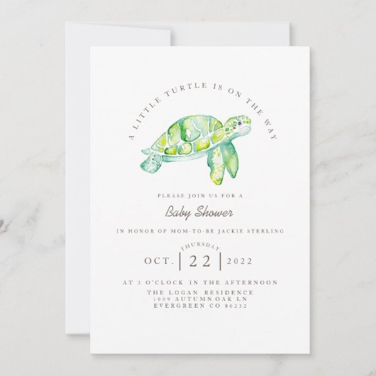 カメの水彩 |海ライフ赤ちゃんシャワー 招待状 (正面)