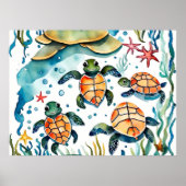 カメの絵を描かわいい海藻のヒトデ海 ポスター (正面)