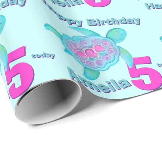 カメの芸術のピンクの水の年齢の名前の第5誕生日の覆い ラッピングペーパー (ロールコーナー)