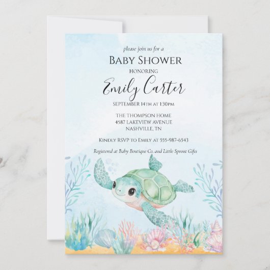 カメの赤ちゃんのシャワー招待状 - 青い海 招待状 (正面)