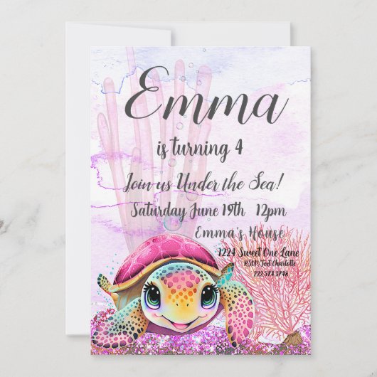 カメの4歳誕生日、海の中 招待状 (正面)