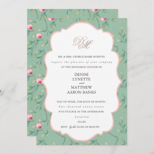 カメオグリーンとゴッサマーピンクのリハーサルディナー 招待状 (正面/裏面)