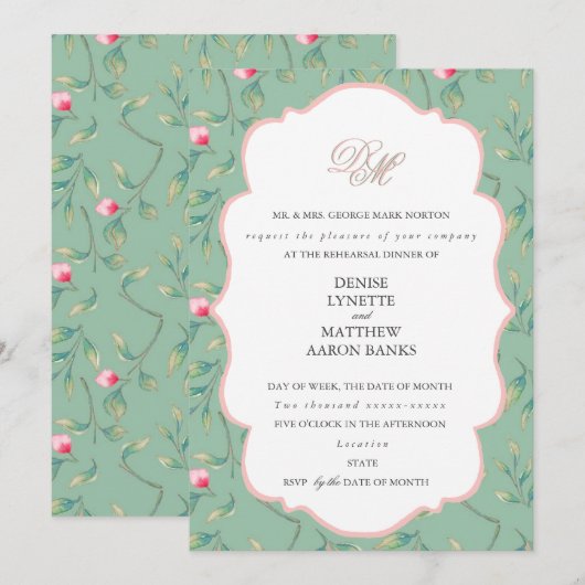 カメオグリーンとゴッサマー ピンクのリハーサルディナー 招待状 (正面/裏面)