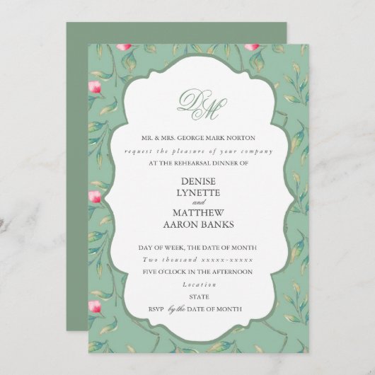 カメオグリーンとバジルグリーンのリハーサルディナー 招待状 (正面/裏面)