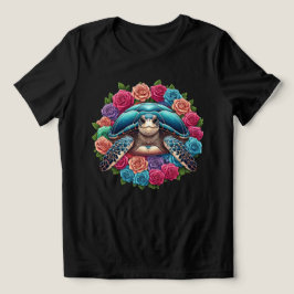 カメカラフルイラストレーションに囲まれたバラ トライブレンドＴシャツ