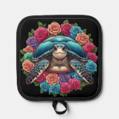 カメカラフルイラストレーションに囲まれたバラ 鍋敷き (正面)