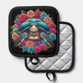 カメカラフルイラストレーションに囲まれたバラ 鍋敷き (正面/裏面)