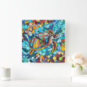 カメカラフルモザイク美術 スクエア壁時計 (ホーム)