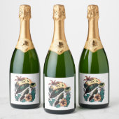 カメハワイアンウミガメハイビスカスフラワー スパークリングワインラベル (ボトル)