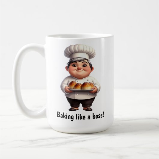 カメラに向けてポーズを取る幸福なパティシエ コーヒーマグカップ (左)