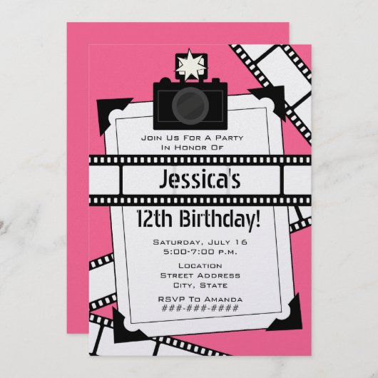 カメラのフィルムおよび写真の誕生会の招待 招待状 (正面/裏面)