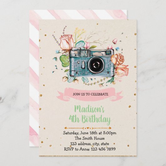 カメラの女の子の誕生日のパーティの招待状 招待状 (正面/裏面)