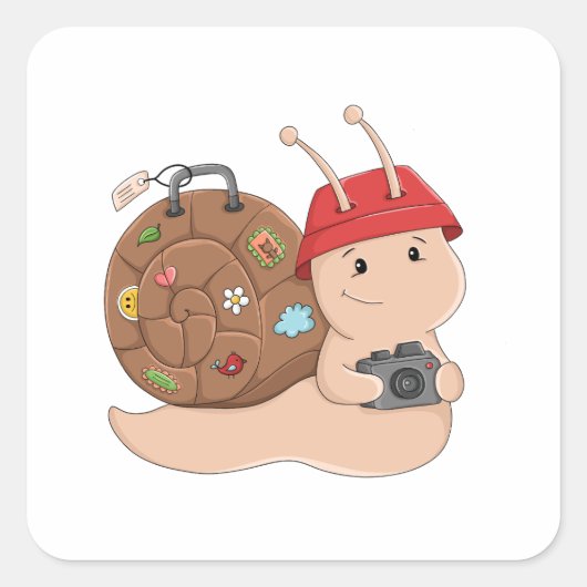 カメラを持った冒険するカエル かわいい旅行カートゥーン スクエアシール (正面)