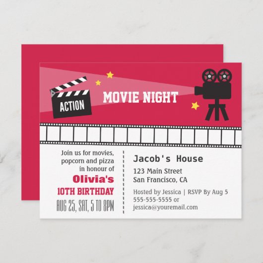 カメラアクション映画の夜の誕生日パーティーをライト 招待状 (正面/裏面)