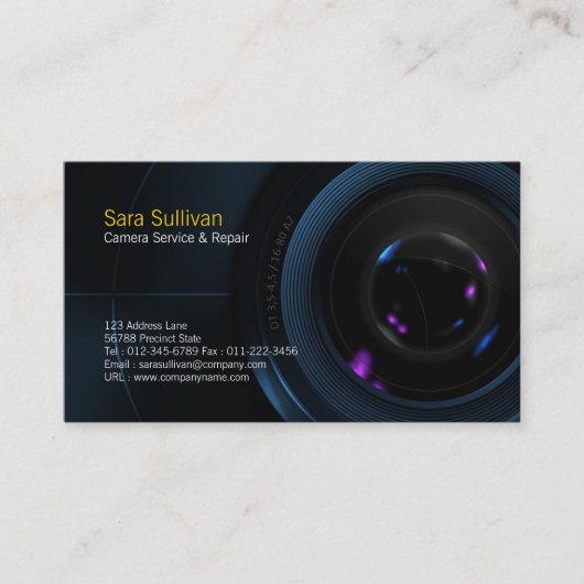 カメラサービス&修理ビジネスカードカメラレンズ 名刺 (正面)