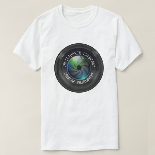カメラマンおよび写真撮影ビジネスカメラレンズ Tシャツ (デザイン正面)