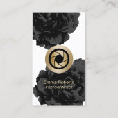 カメラマンの金ゴールドのカメラの黒の花の写真 名刺 (正面)