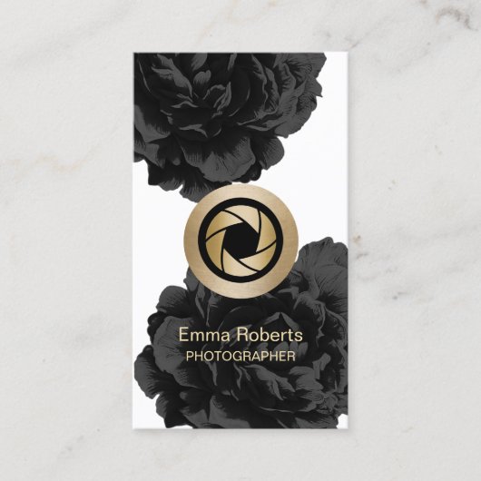 カメラマンの金ゴールドのカメラの黒の花の写真 名刺 (正面)