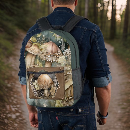 カメラレンズモノグラムを介したウッドランドのキノコ プリントバックパック