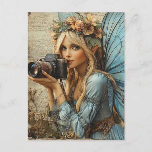 カメラ付きフェアリー混合メディアコラージュ ポストカード (正面)