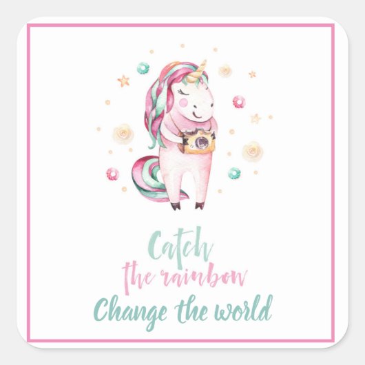 カメラ付き可愛いピンクのユニコーン感動的 スクエアシール (正面)