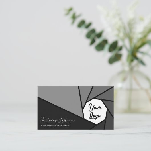 カメラ絞りフォトグラファーのビデオグラファーロゴ 名刺 (スタンド正面)