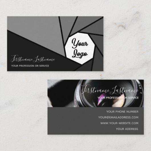 カメラ絞りフォトグラファーのビデオグラファーロゴ 名刺 (正面/裏面)
