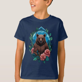 カメリアに囲まれたアメリカンブラックベア Tシャツ
