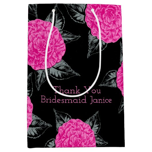 カメリアインクアート熱いピンクとブラック結婚式の引き出物 ミディアムペーパーバッグ (正面)