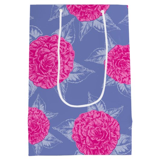 カメリアインクアート熱いピンクと青の結婚式の引き出物 ミディアムペーパーバッグ (裏面)