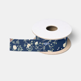 カメリアガーデンネイビーブルーチノワズリーパターン サテンリボン