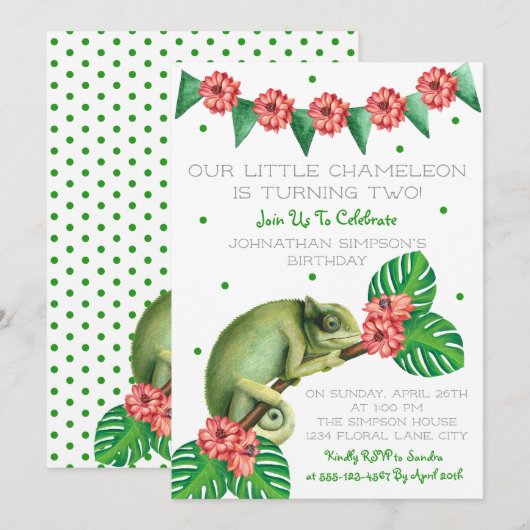 カメレオンのトカゲの2歳の誕生日 招待状 (正面/裏面)