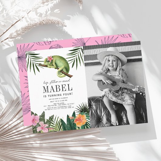 カメレオンの爬虫類の女の子の白い誕生日写真 招待状